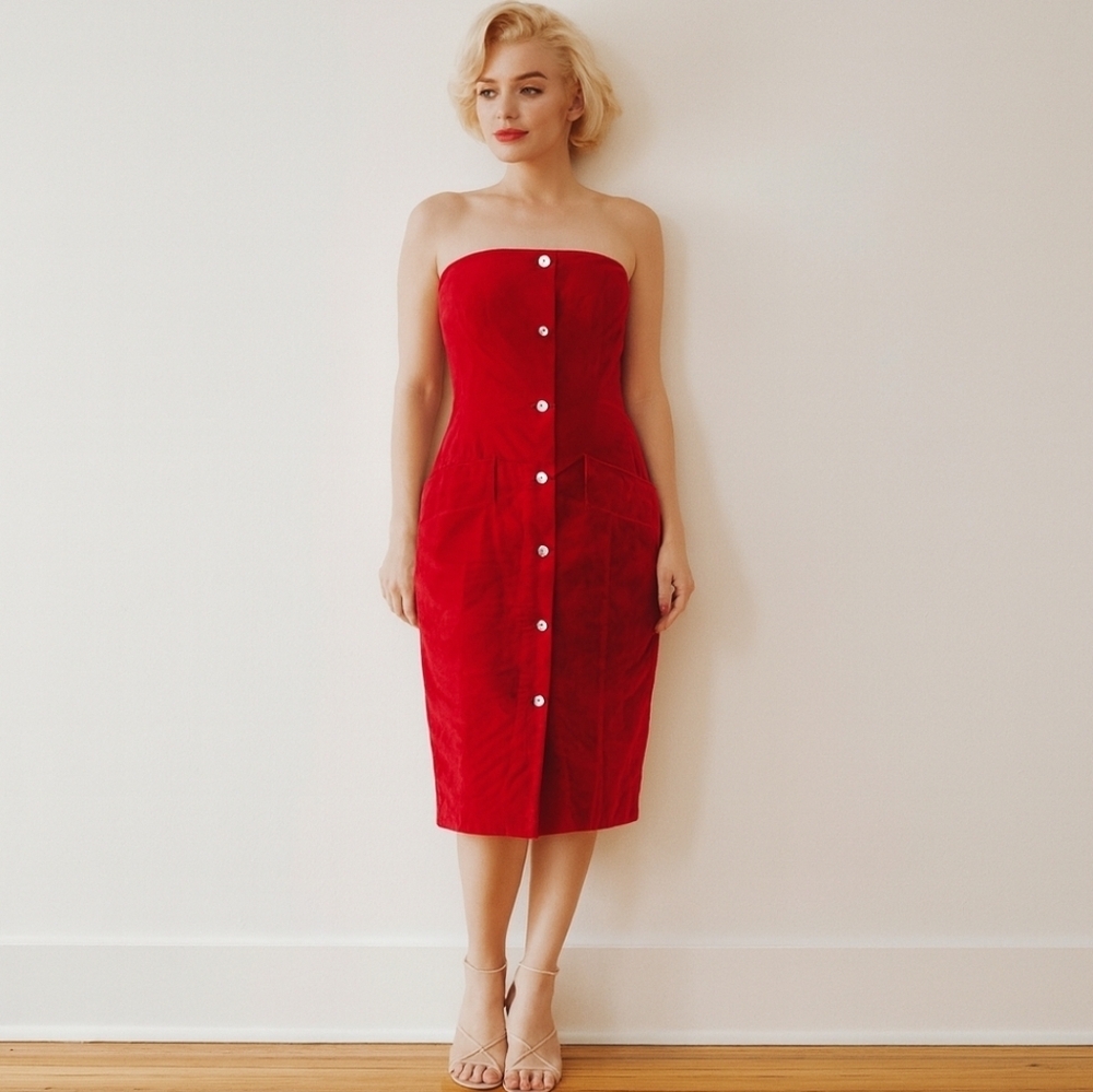 Vintage 90s Y2K Bill Blass Velvet Red Strapless Holiday Party Dress Size 8